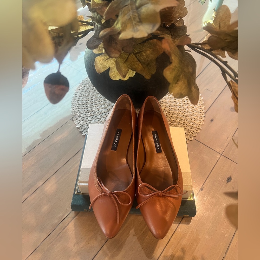 Margaux Cognac Pointed-Toe Leather Flats with Bow